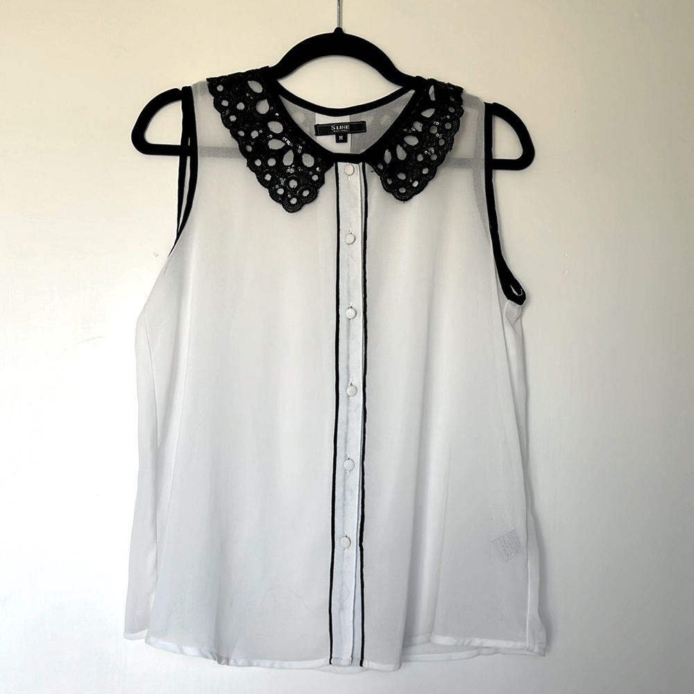 Sline Black Label White Button-Up Blouse with Sequin Collar